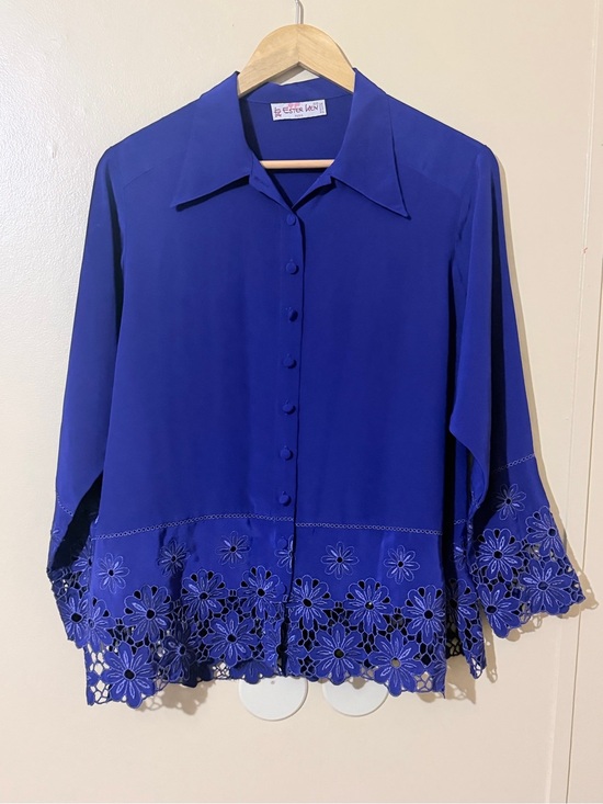 Ester Ken Paris Tops - Vintage Ester Ken Paris Button-Down Blouse with Floral Lace Hem in Royal Blue